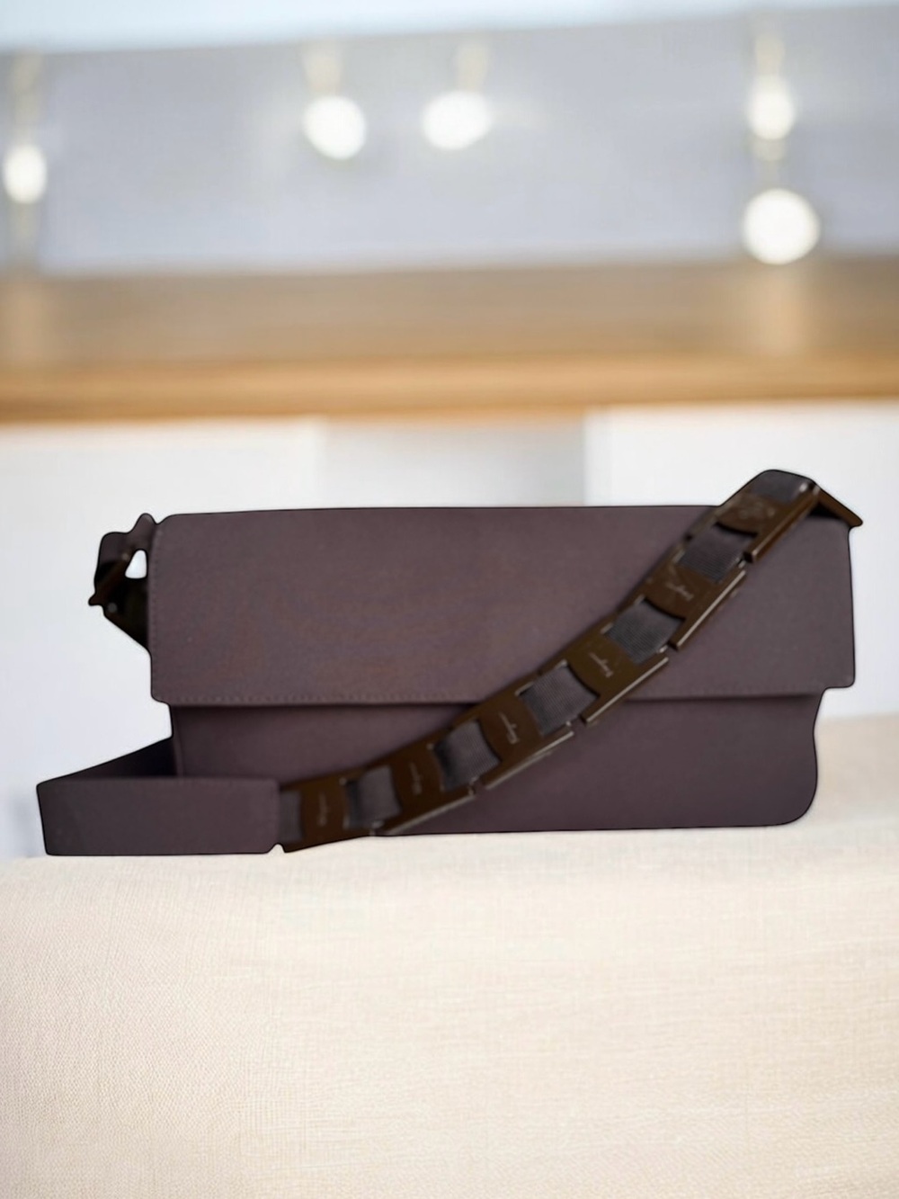 Salvatore Ferragamo Vintage Baguette Shoulder Bag Vara Chain Strap Brown